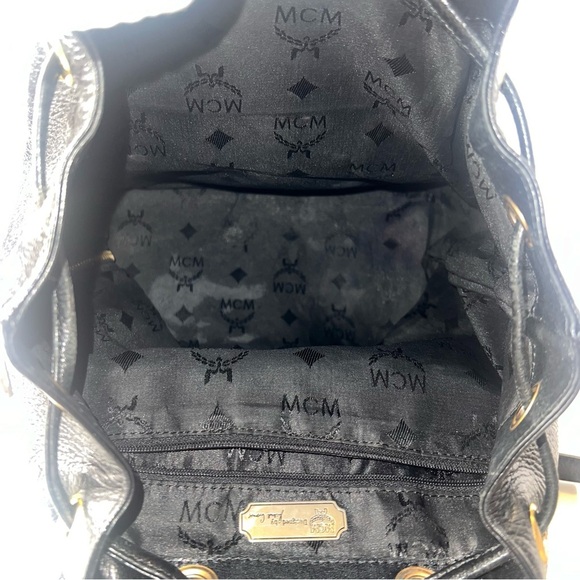Mcm Black Calf Pebbled Leather Multi Gold Studded Flap Drawstring Backpack🖤 - Picture 14 of 16